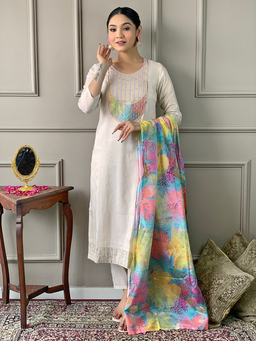 Teeya Creation Chiku Colour Viscose Simar Embroidery Work Fully Stitched Kurti Set | Grocsy