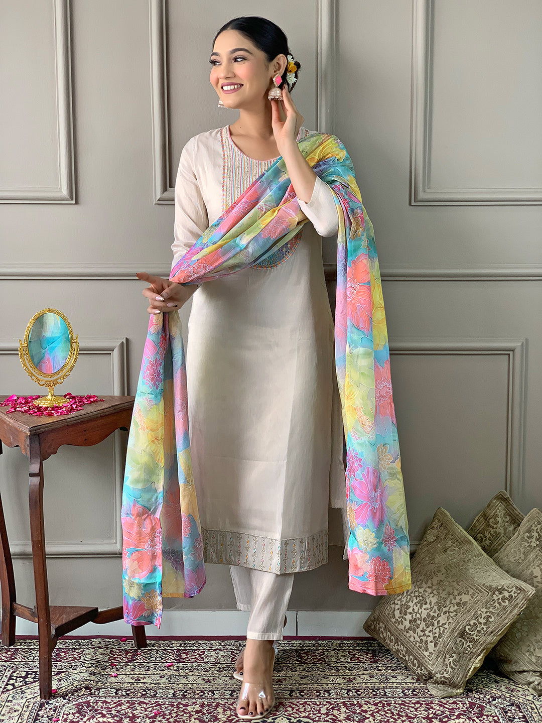 Teeya Creation Chiku Colour Viscose Simar Embroidery Work Fully Stitched Kurti Set | Grocsy