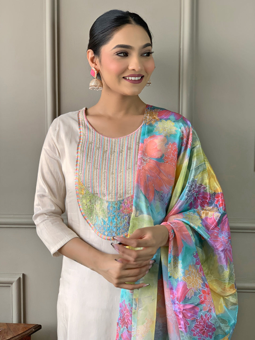 Teeya Creation Chiku Colour Viscose Simar Embroidery Work Fully Stitched Kurti Set | Grocsy