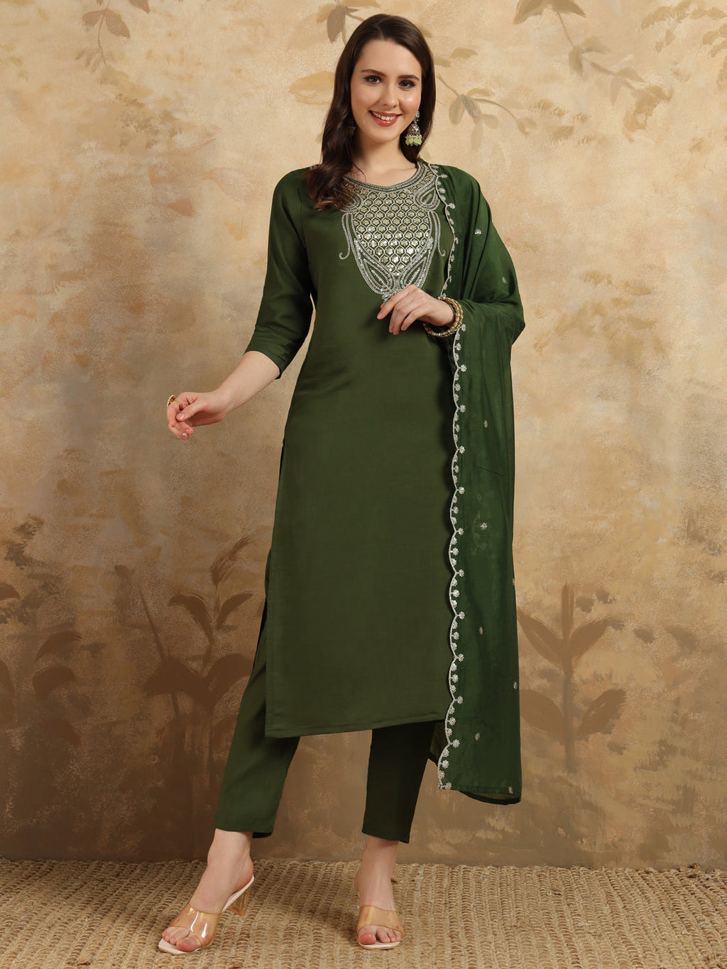 Teeya Creation Green Colour Viscose Chanderi Embroidery Work Fully Stitched Kurti Set | Grocsy