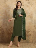 Teeya Creation Green Colour Viscose Chanderi Embroidery Work Fully Stitched Kurti Set | Grocsy