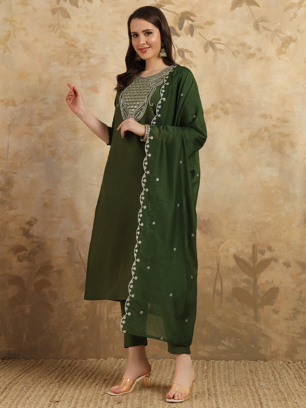 Teeya Creation Green Colour Viscose Chanderi Embroidery Work Fully Stitched Kurti Set | Grocsy
