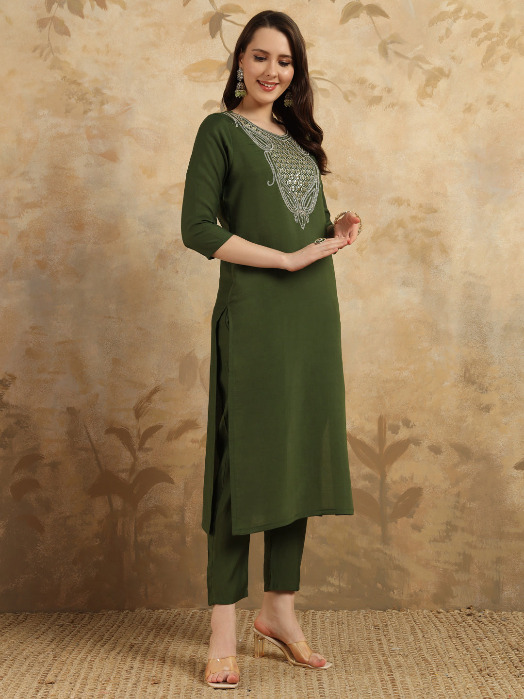 Teeya Creation Green Colour Viscose Chanderi Embroidery Work Fully Stitched Kurti Set | Grocsy