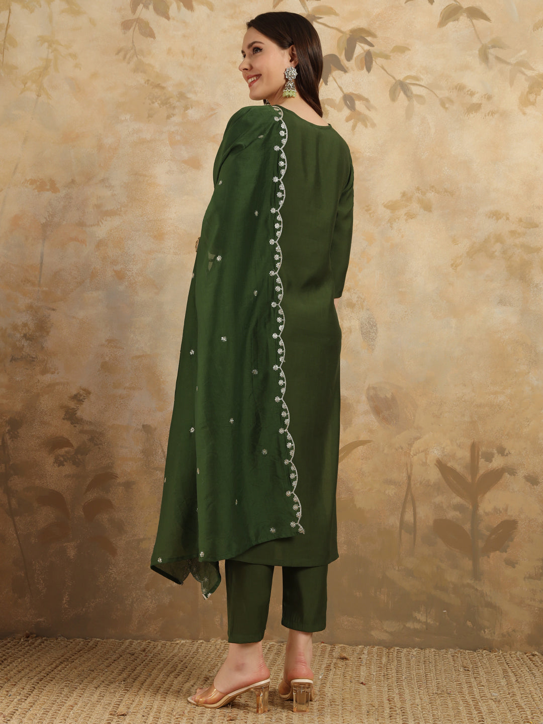 Teeya Creation Green Colour Viscose Chanderi Embroidery Work Fully Stitched Kurti Set | Grocsy