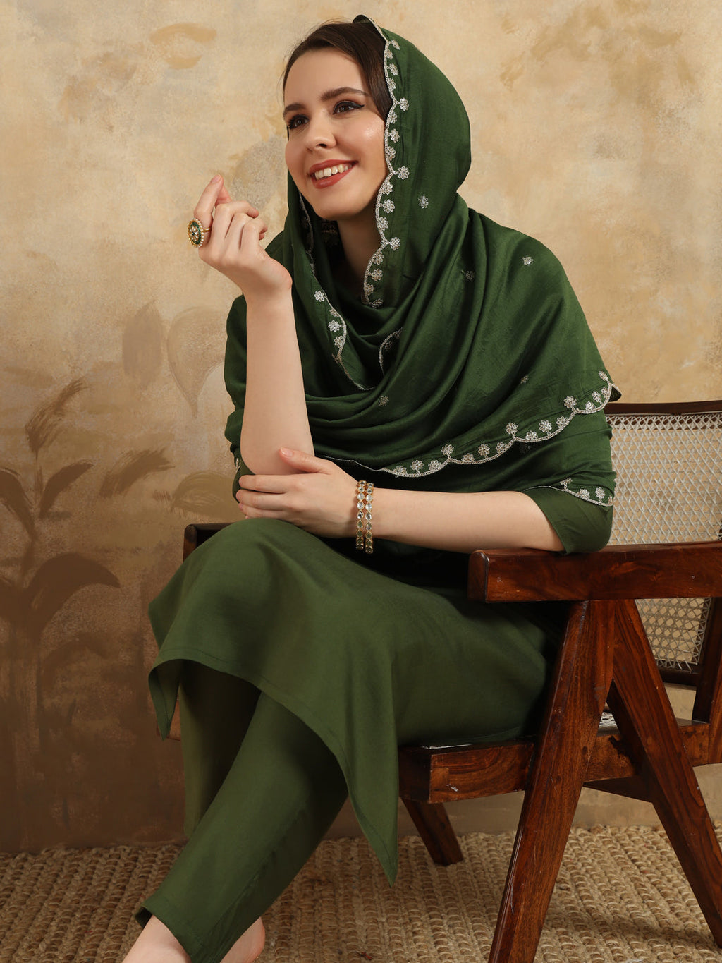 Teeya Creation Green Colour Viscose Chanderi Embroidery Work Fully Stitched Kurti Set | Grocsy