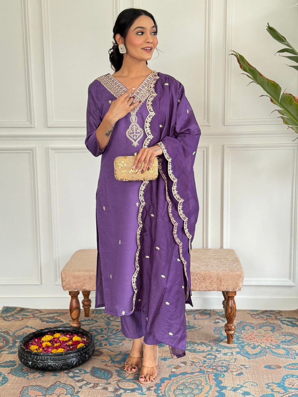 Teeya Creation Purple Colour Viscose Chanderi Embroidery Work Fully Stitched Kurti Set | Grocsy