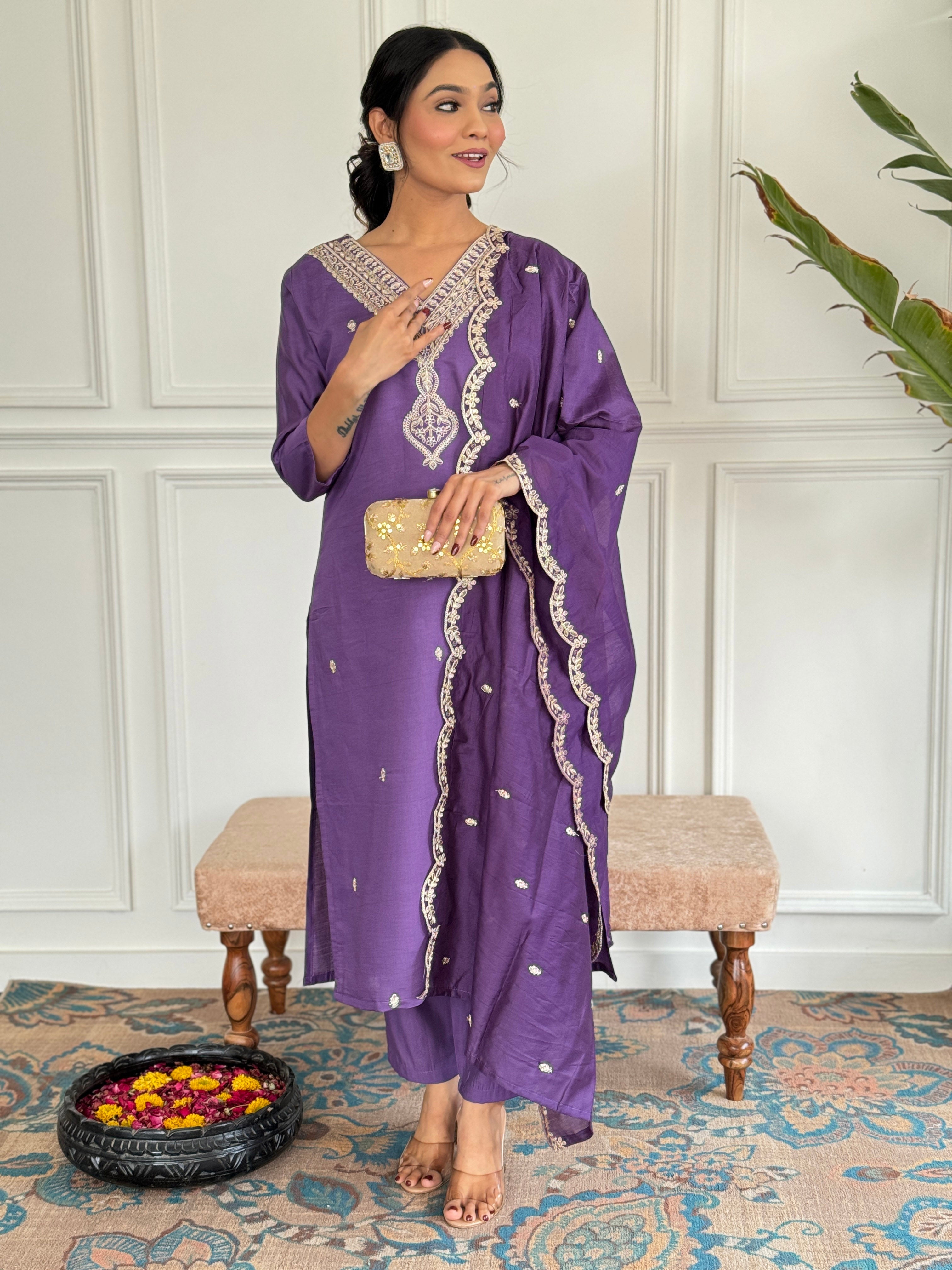 Teeya Creation Purple Colour Viscose Chanderi Embroidery Work Fully Stitched Kurti Set | Grocsy