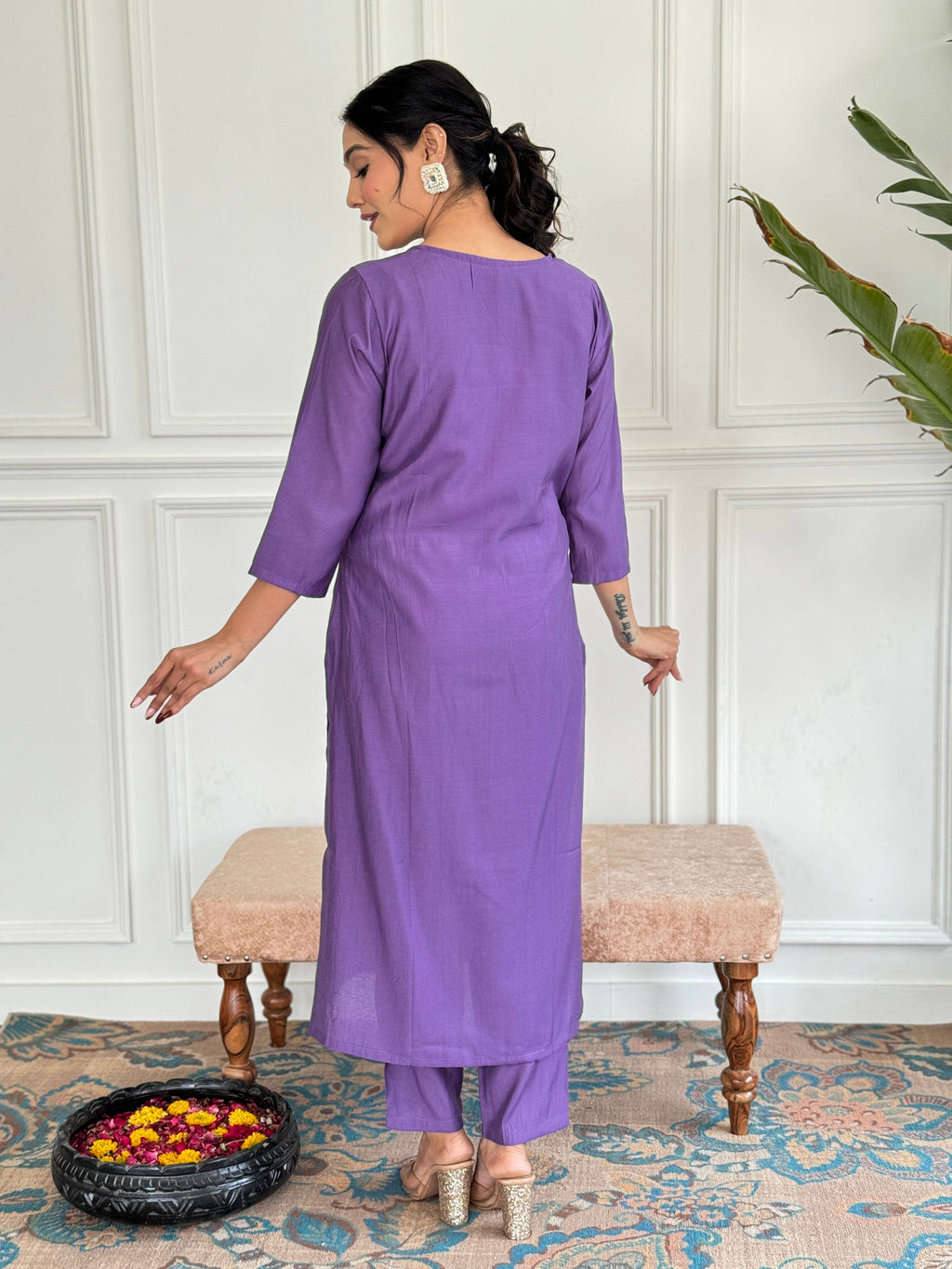 Teeya Creation Purple Colour Viscose Chanderi Embroidery Work Fully Stitched Kurti Set | Grocsy