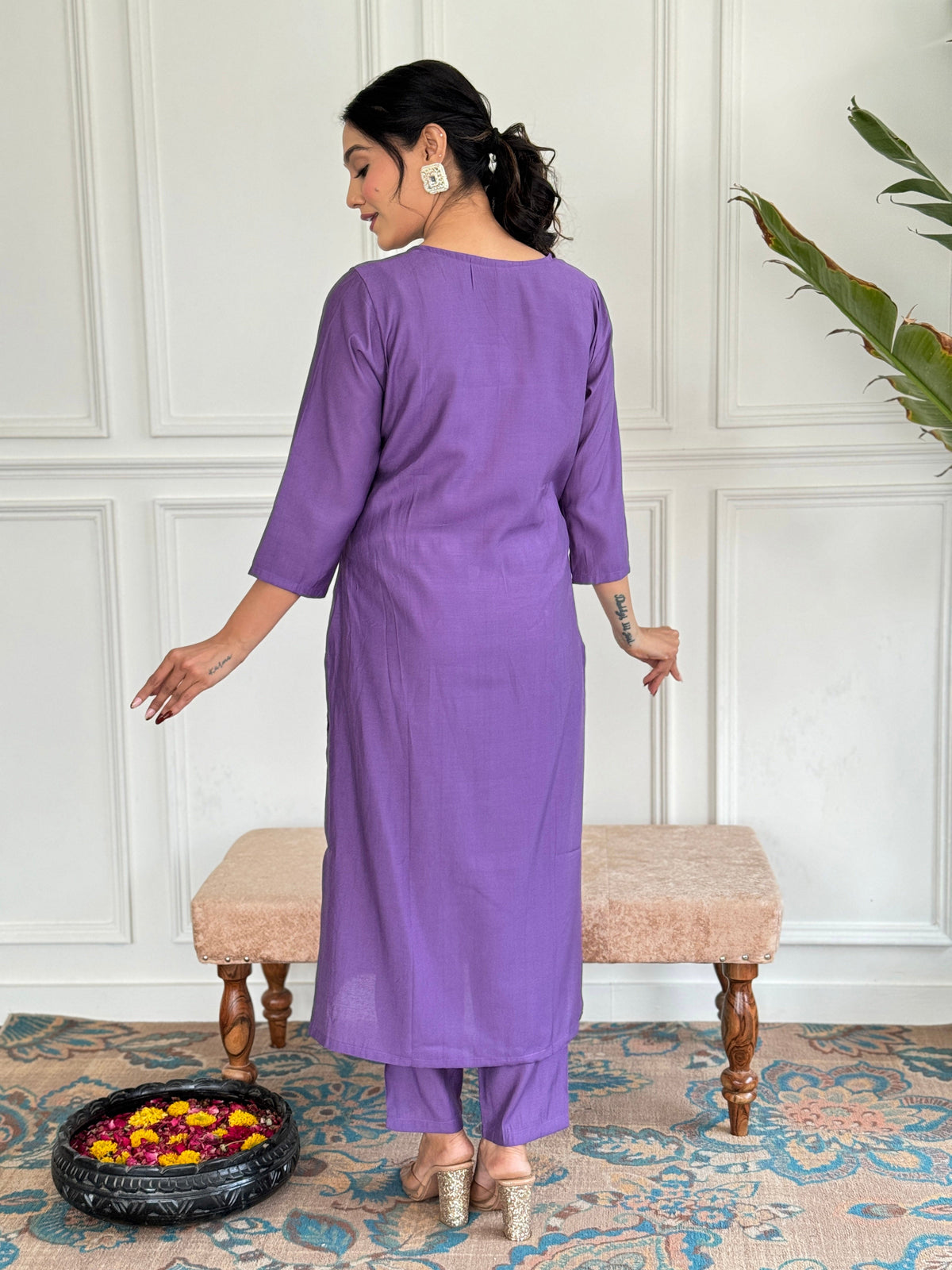 Teeya Creation Purple Colour Viscose Chanderi Embroidery Work Fully Stitched Kurti Set | Grocsy