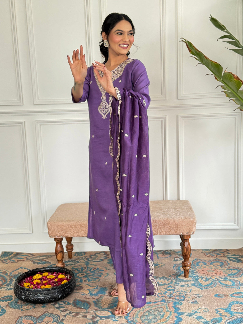 Teeya Creation Purple Colour Viscose Chanderi Embroidery Work Fully Stitched Kurti Set | Grocsy