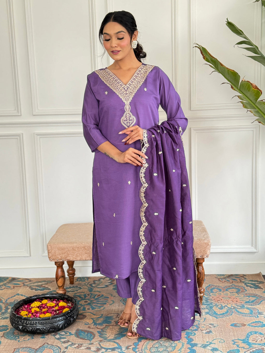 Teeya Creation Purple Colour Viscose Chanderi Embroidery Work Fully Stitched Kurti Set | Grocsy