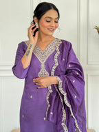 Teeya Creation Purple Colour Viscose Chanderi Embroidery Work Fully Stitched Kurti Set | Grocsy