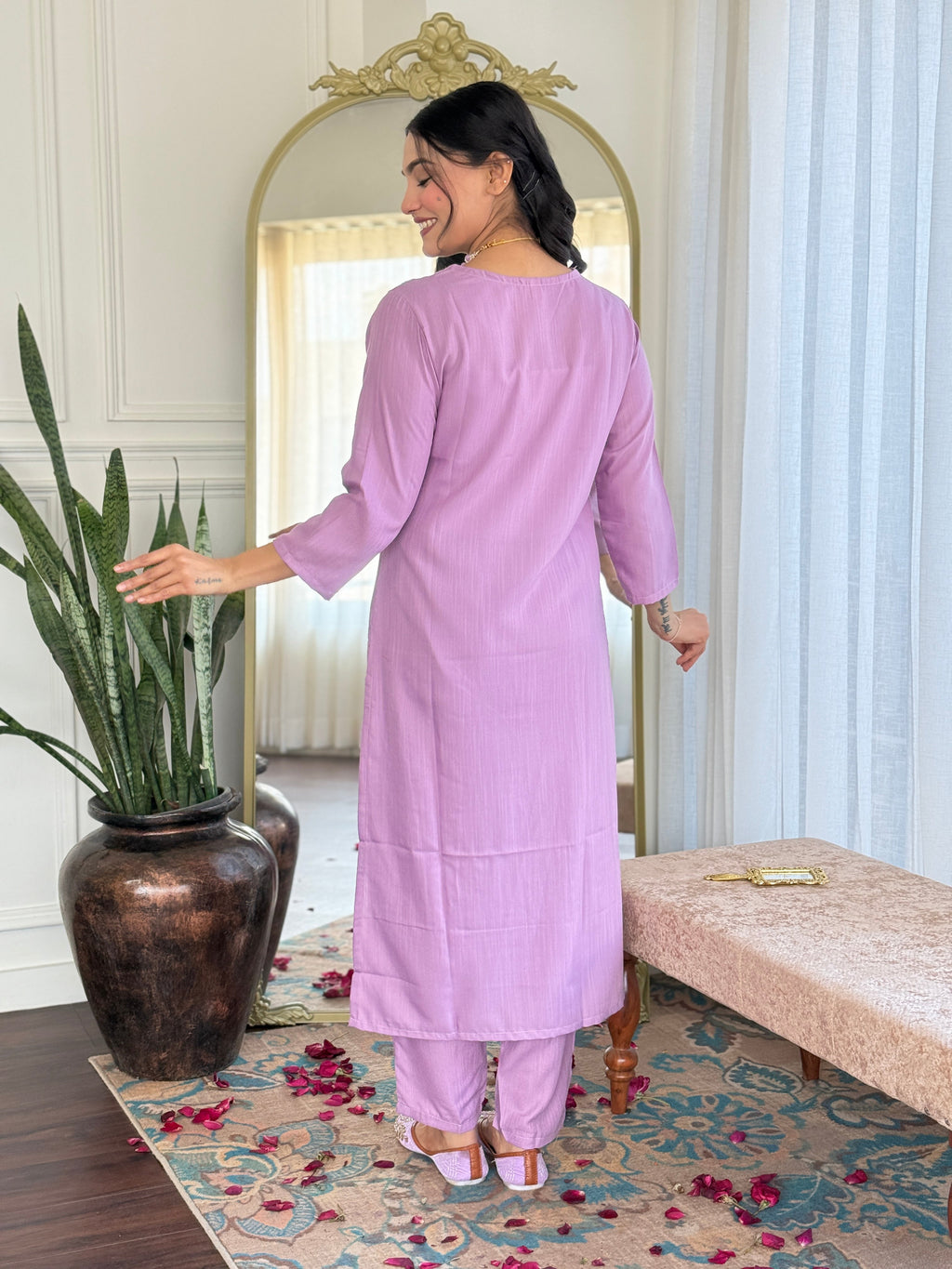 Teeya Creation Baby Pink Colour Viscose Slub Embroidery Work Fully Stitched Kurti Set | Grocsy