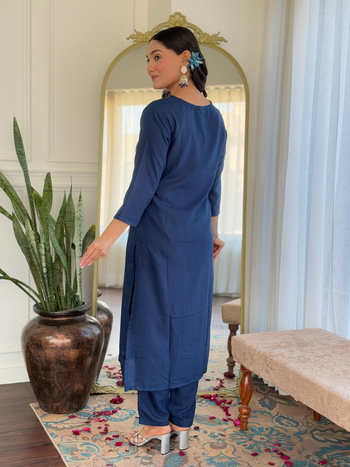 Teeya Creation Blue Colour Viscose Slub Embroidery Work Fully Stitched Kurti Set | Grocsy