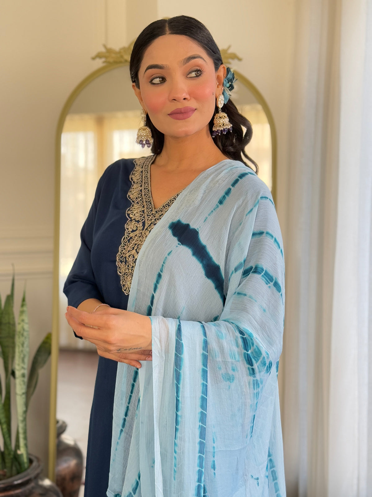 Teeya Creation Blue Colour Viscose Slub Embroidery Work Fully Stitched Kurti Set | Grocsy