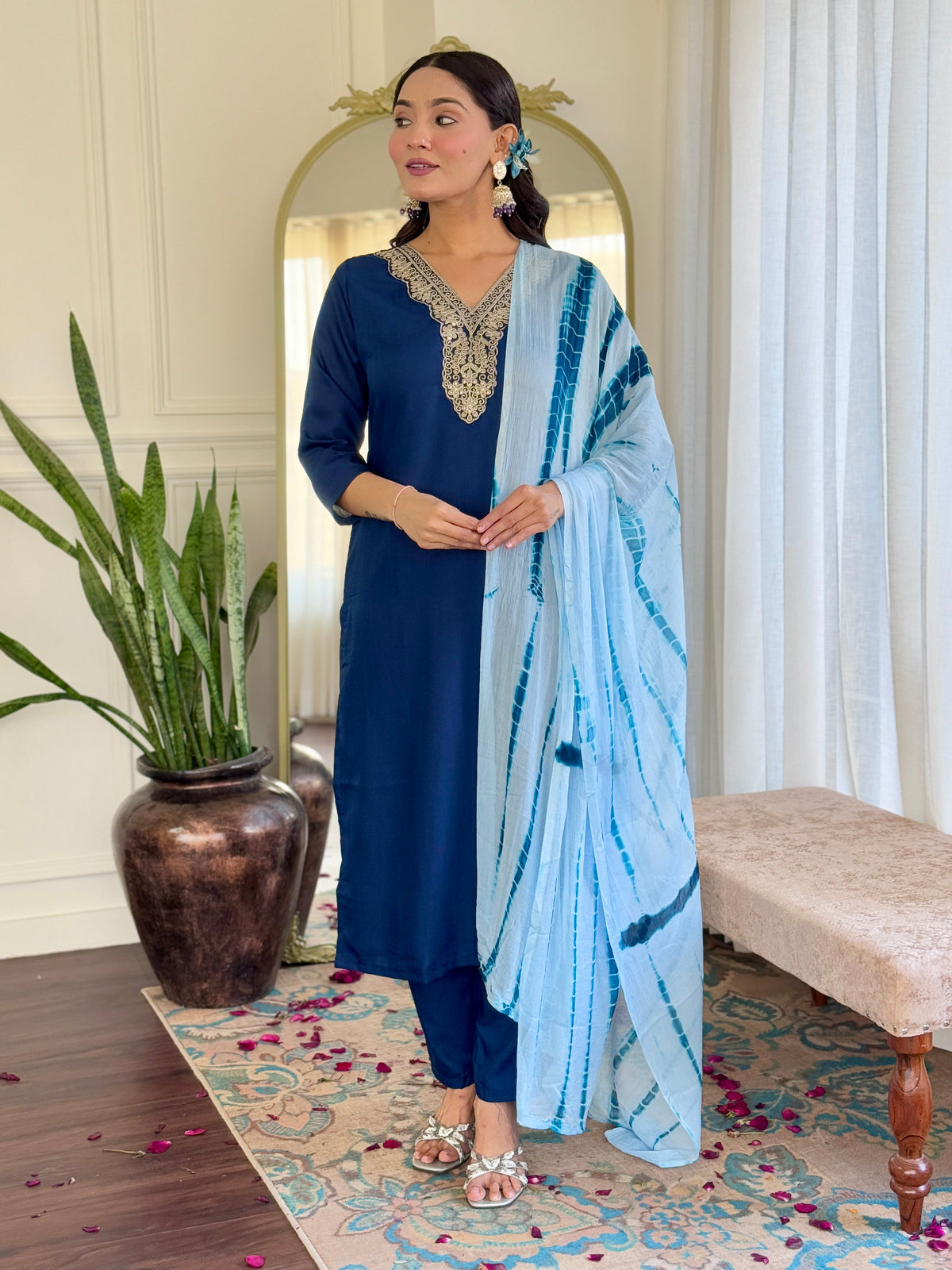 Teeya Creation Blue Colour Viscose Slub Embroidery Work Fully Stitched Kurti Set | Grocsy