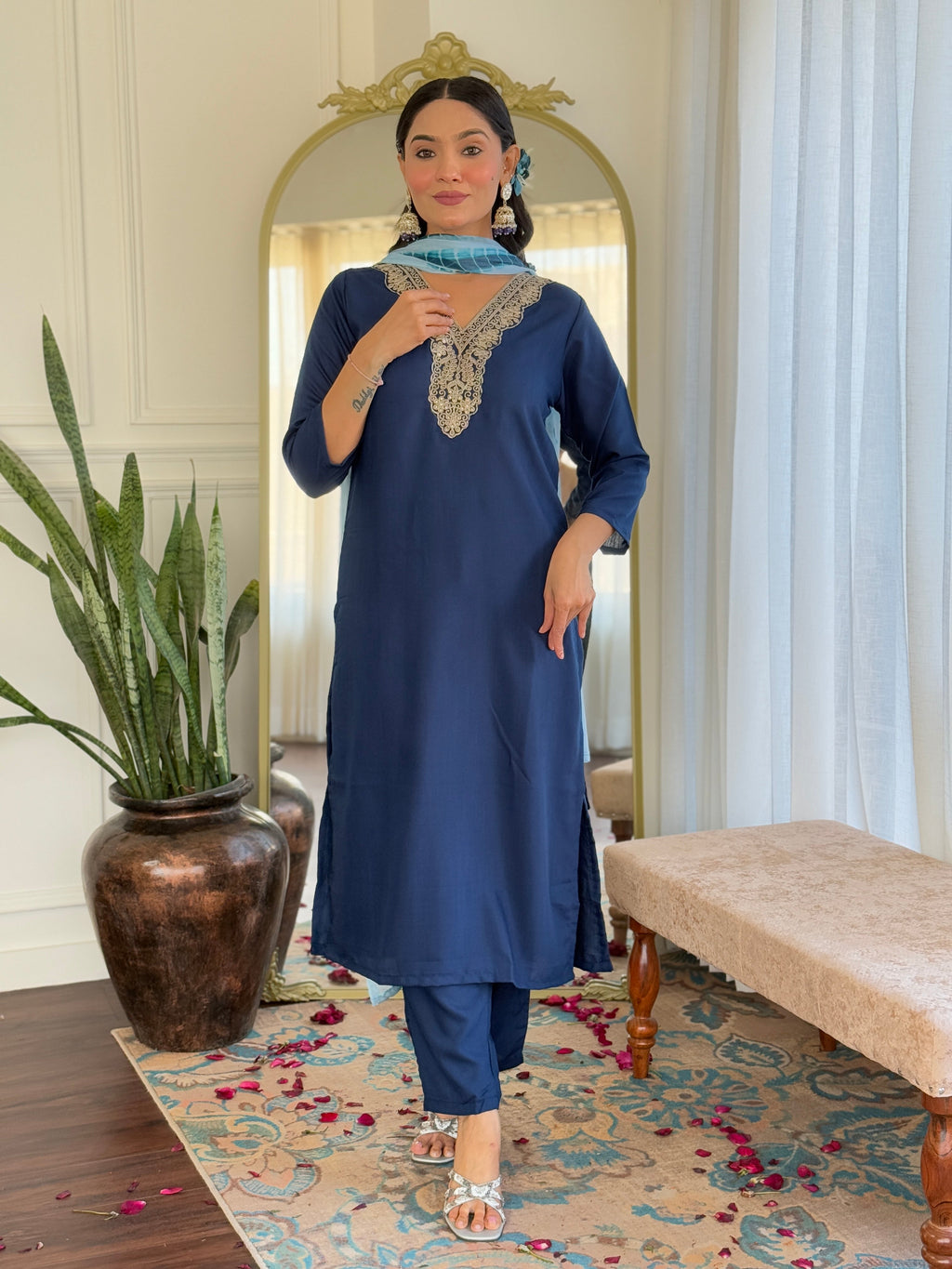Teeya Creation Blue Colour Viscose Slub Embroidery Work Fully Stitched Kurti Set | Grocsy
