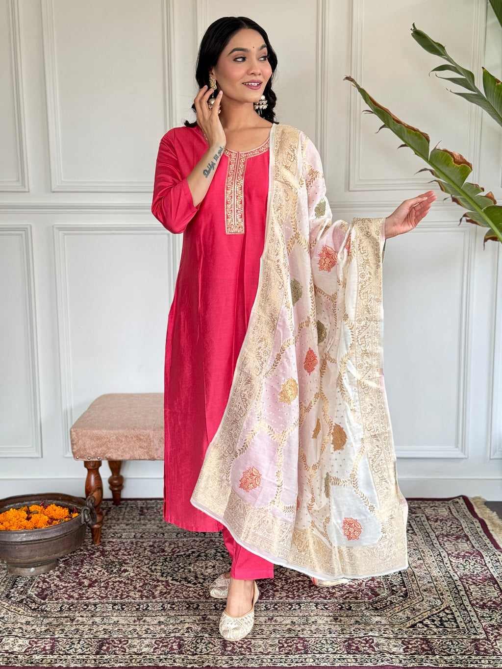 Teeya Creation Pink Colour Viscose Chanderi Embroidery Work Fully Stitched Kurti Set | Grocsy