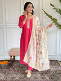 Teeya Creation Pink Colour Viscose Chanderi Embroidery Work Fully Stitched Kurti Set | Grocsy