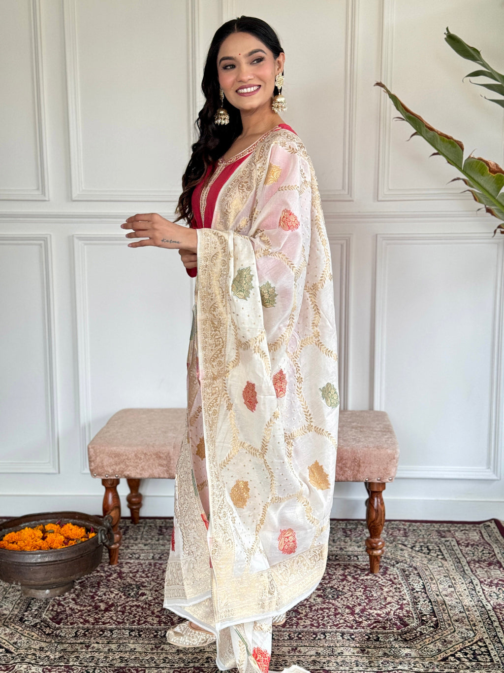 Teeya Creation Pink Colour Viscose Chanderi Embroidery Work Fully Stitched Kurti Set | Grocsy