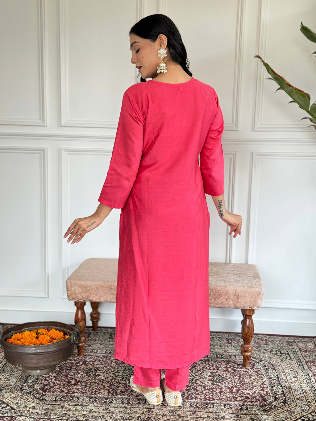 Teeya Creation Pink Colour Viscose Chanderi Embroidery Work Fully Stitched Kurti Set | Grocsy