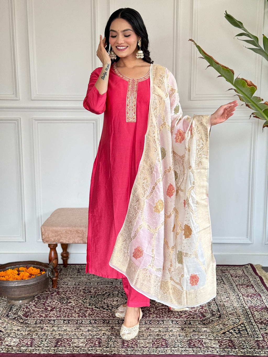 Teeya Creation Pink Colour Viscose Chanderi Embroidery Work Fully Stitched Kurti Set | Grocsy