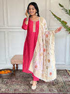 Teeya Creation Pink Colour Viscose Chanderi Embroidery Work Fully Stitched Kurti Set | Grocsy