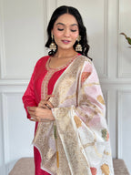 Teeya Creation Pink Colour Viscose Chanderi Embroidery Work Fully Stitched Kurti Set | Grocsy