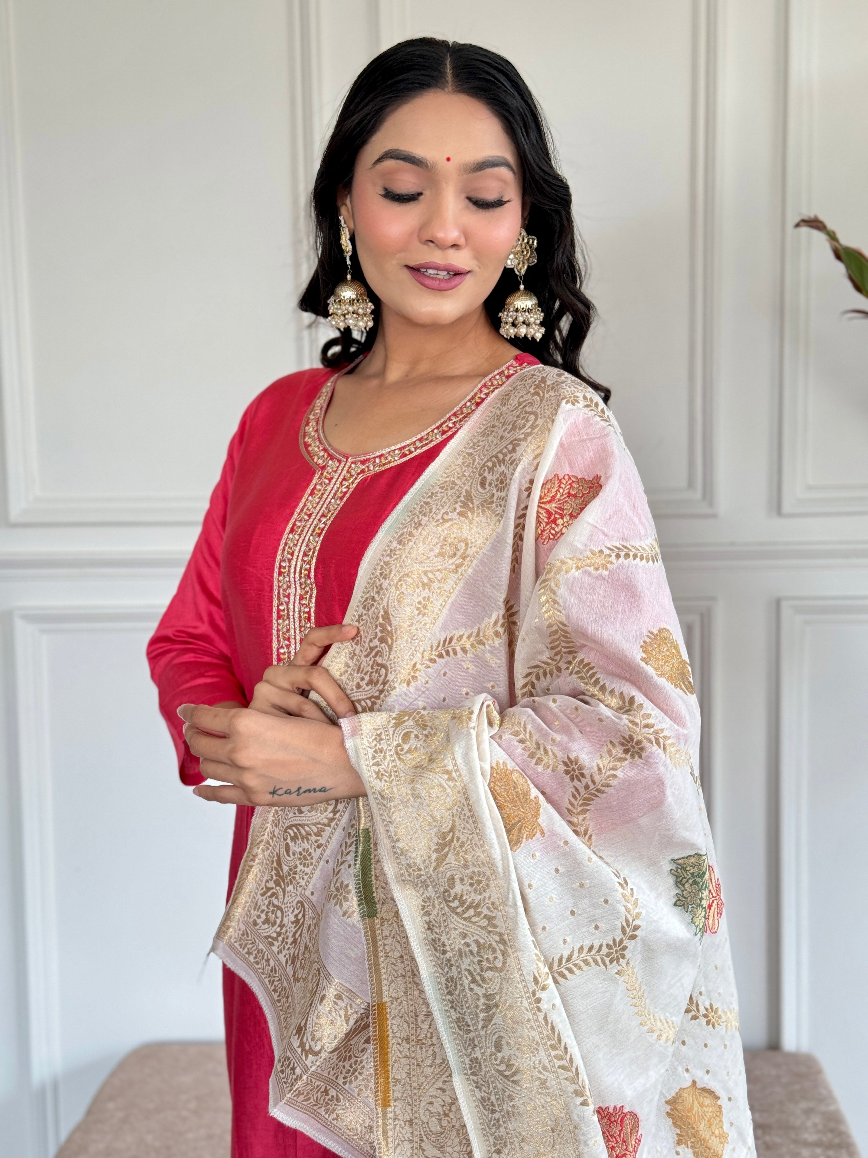 Teeya Creation Pink Colour Viscose Chanderi Embroidery Work Fully Stitched Kurti Set | Grocsy