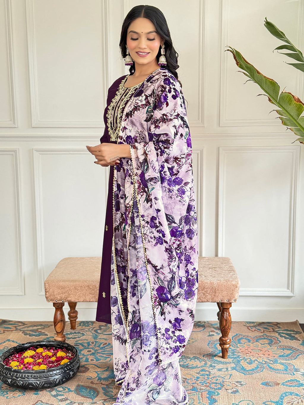 Teeya Creation Purple Colour Viscose Chanderi Embroidery Work Fully Stitched Kurti Set | Grocsy