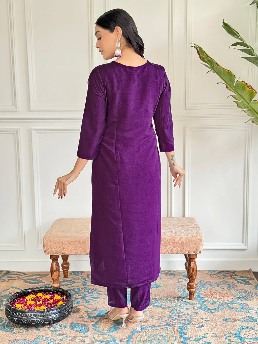 Teeya Creation Purple Colour Viscose Chanderi Embroidery Work Fully Stitched Kurti Set | Grocsy