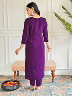 Teeya Creation Purple Colour Viscose Chanderi Embroidery Work Fully Stitched Kurti Set | Grocsy