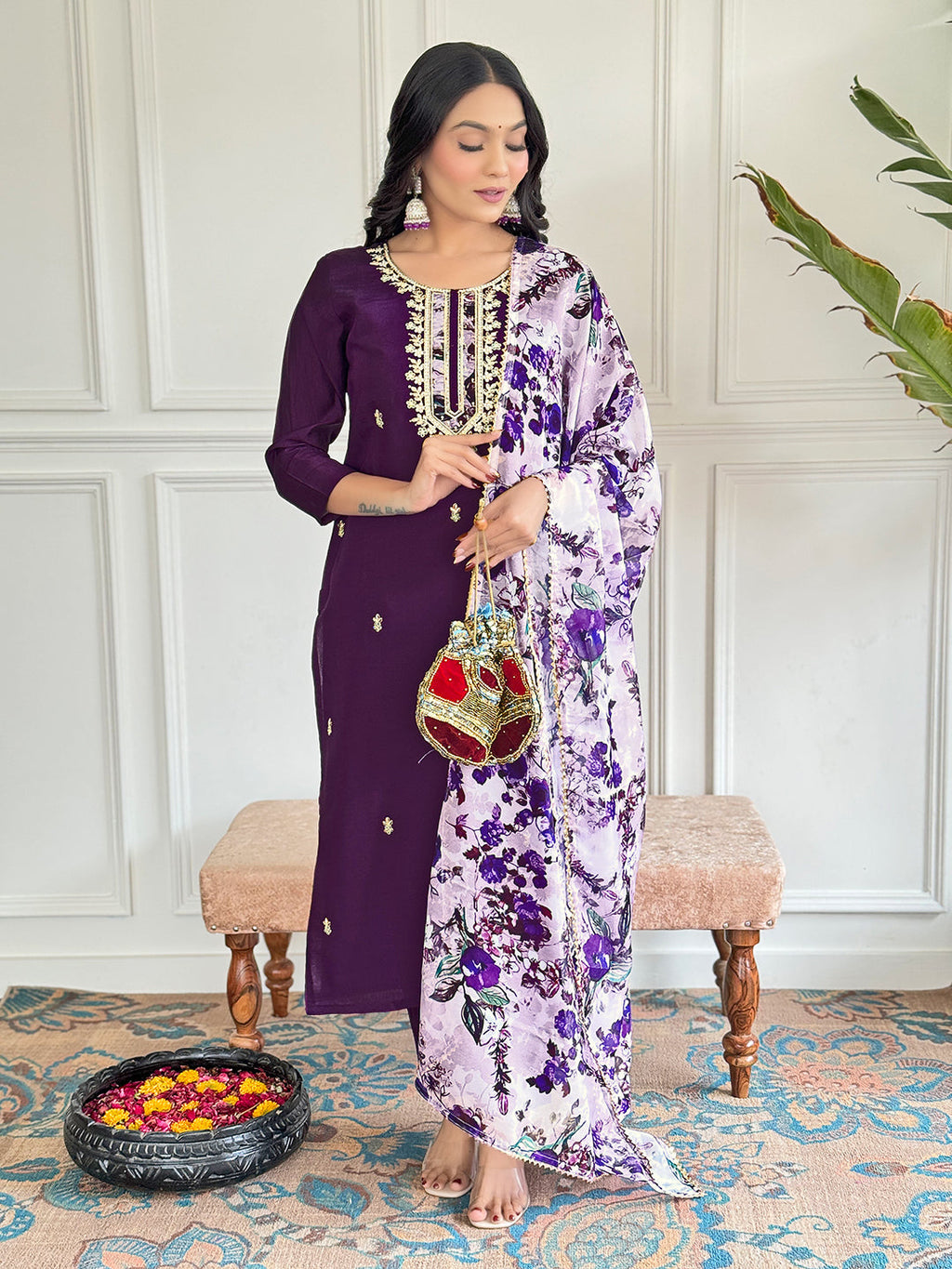 Teeya Creation Purple Colour Viscose Chanderi Embroidery Work Fully Stitched Kurti Set | Grocsy