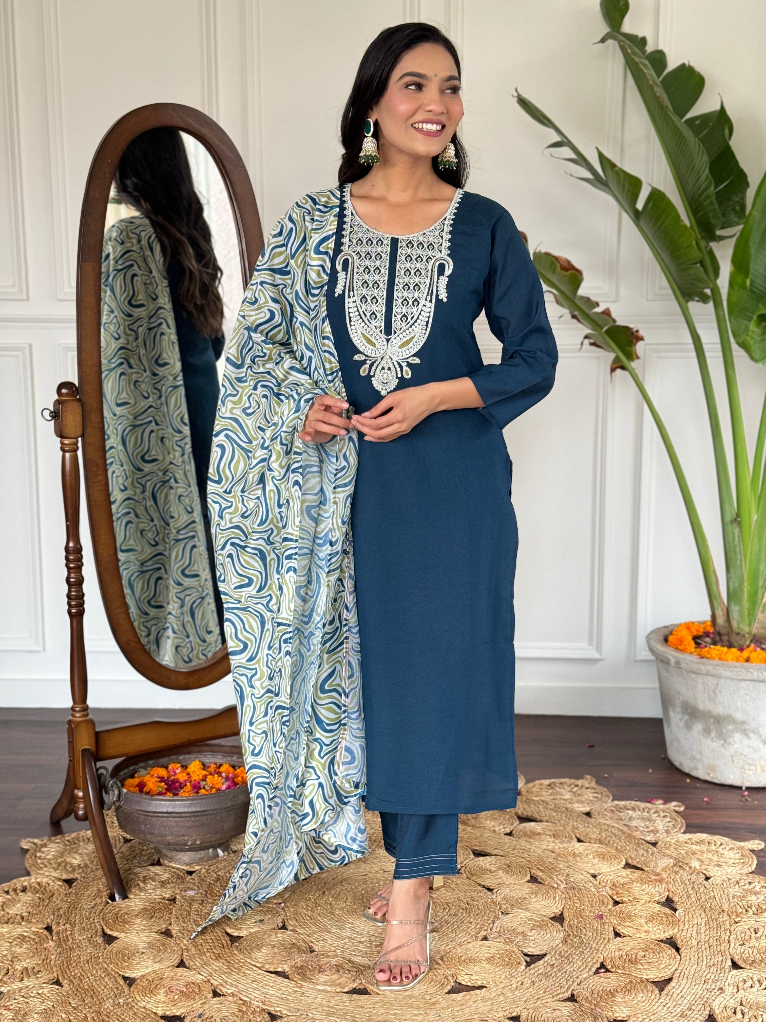 Teeya Creation Blue Colour Viscose Slub Embroidery Work Fully Stitched Kurti Set | Grocsy