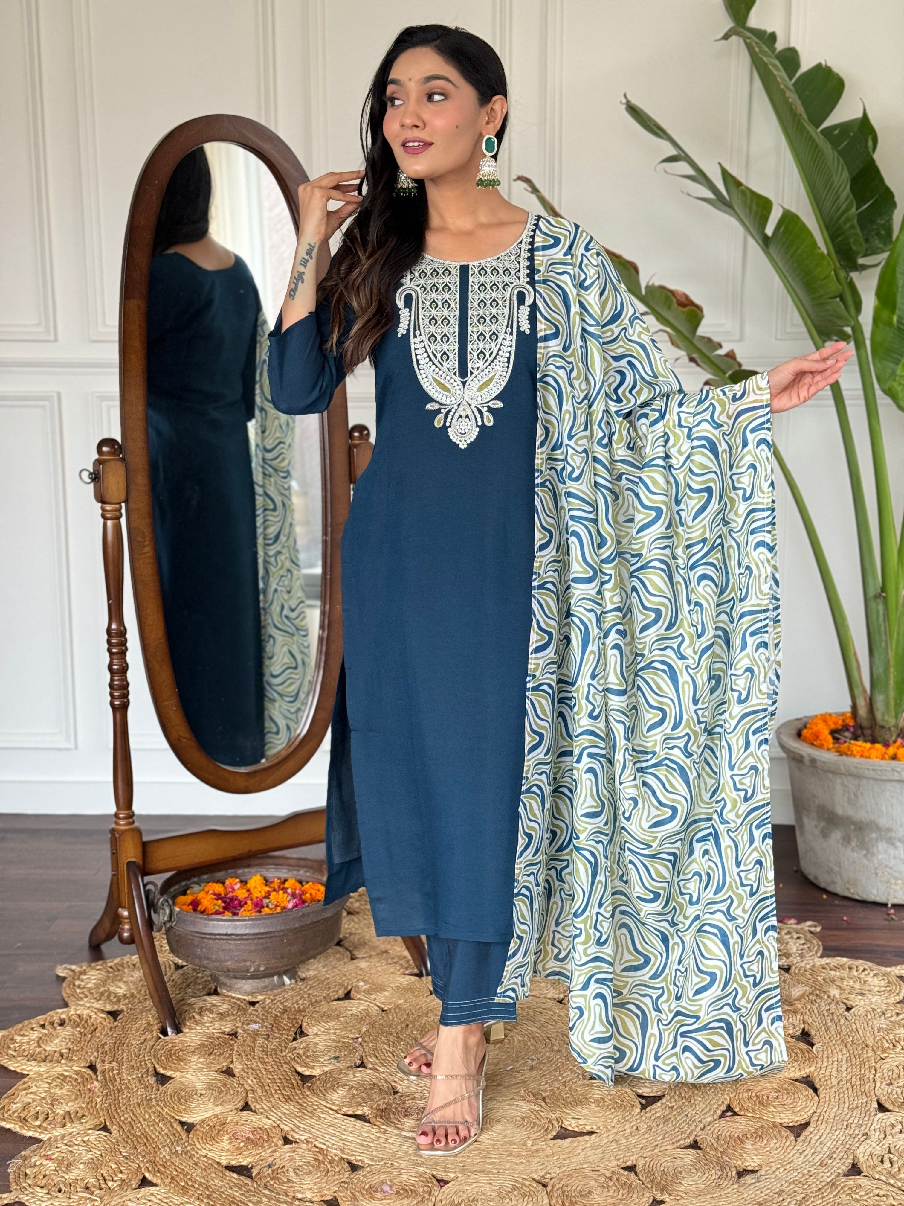 Teeya Creation Blue Colour Viscose Slub Embroidery Work Fully Stitched Kurti Set | Grocsy