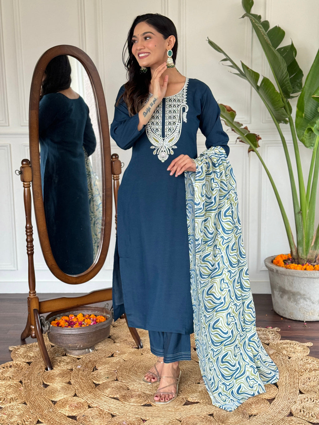 Teeya Creation Blue Colour Viscose Slub Embroidery Work Fully Stitched Kurti Set | Grocsy