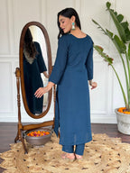 Teeya Creation Blue Colour Viscose Slub Embroidery Work Fully Stitched Kurti Set | Grocsy