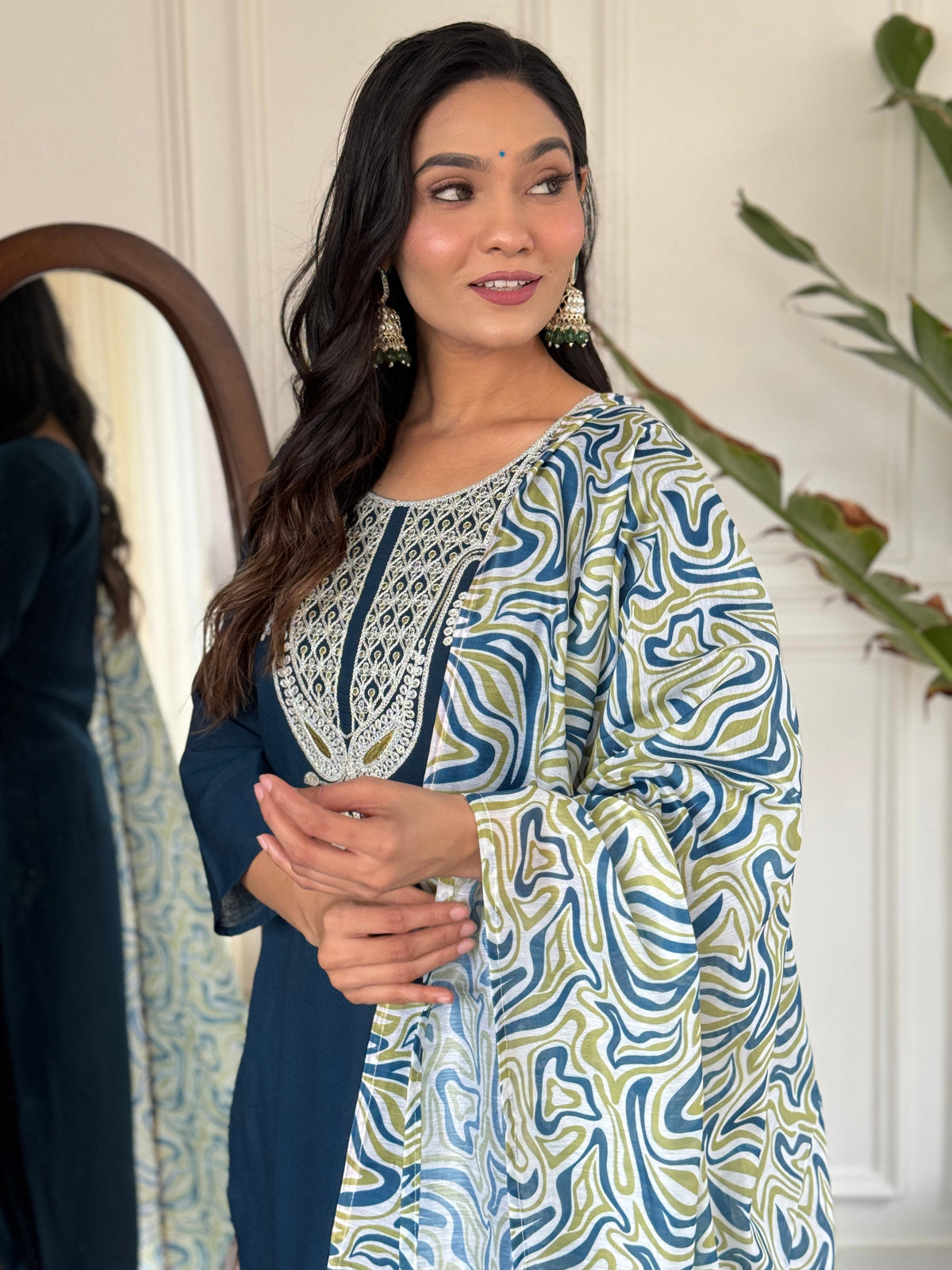 Teeya Creation Blue Colour Viscose Slub Embroidery Work Fully Stitched Kurti Set | Grocsy