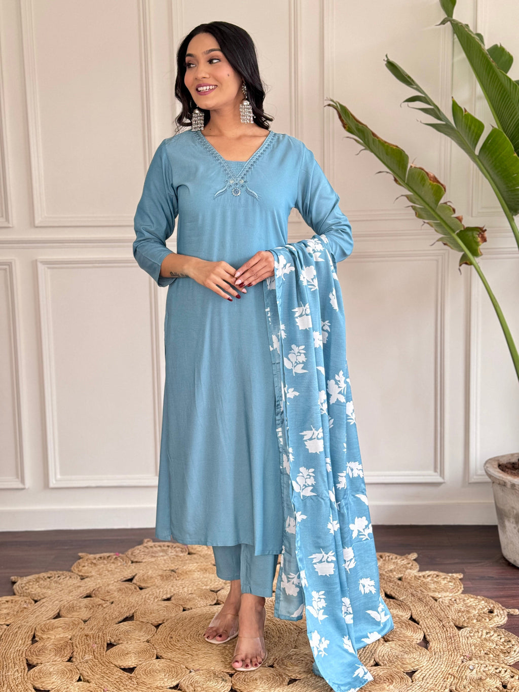 Teeya Creation Grey Colour Viscose Chander Embroidery Work Fully Stitched Kurti Set | Grocsy