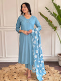 Teeya Creation Grey Colour Viscose Chander Embroidery Work Fully Stitched Kurti Set | Grocsy