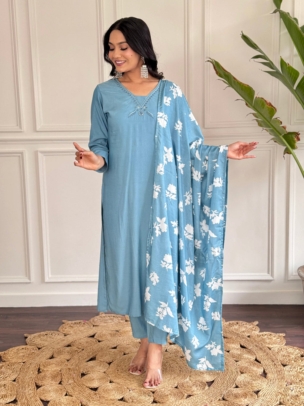 Teeya Creation Grey Colour Viscose Chander Embroidery Work Fully Stitched Kurti Set | Grocsy
