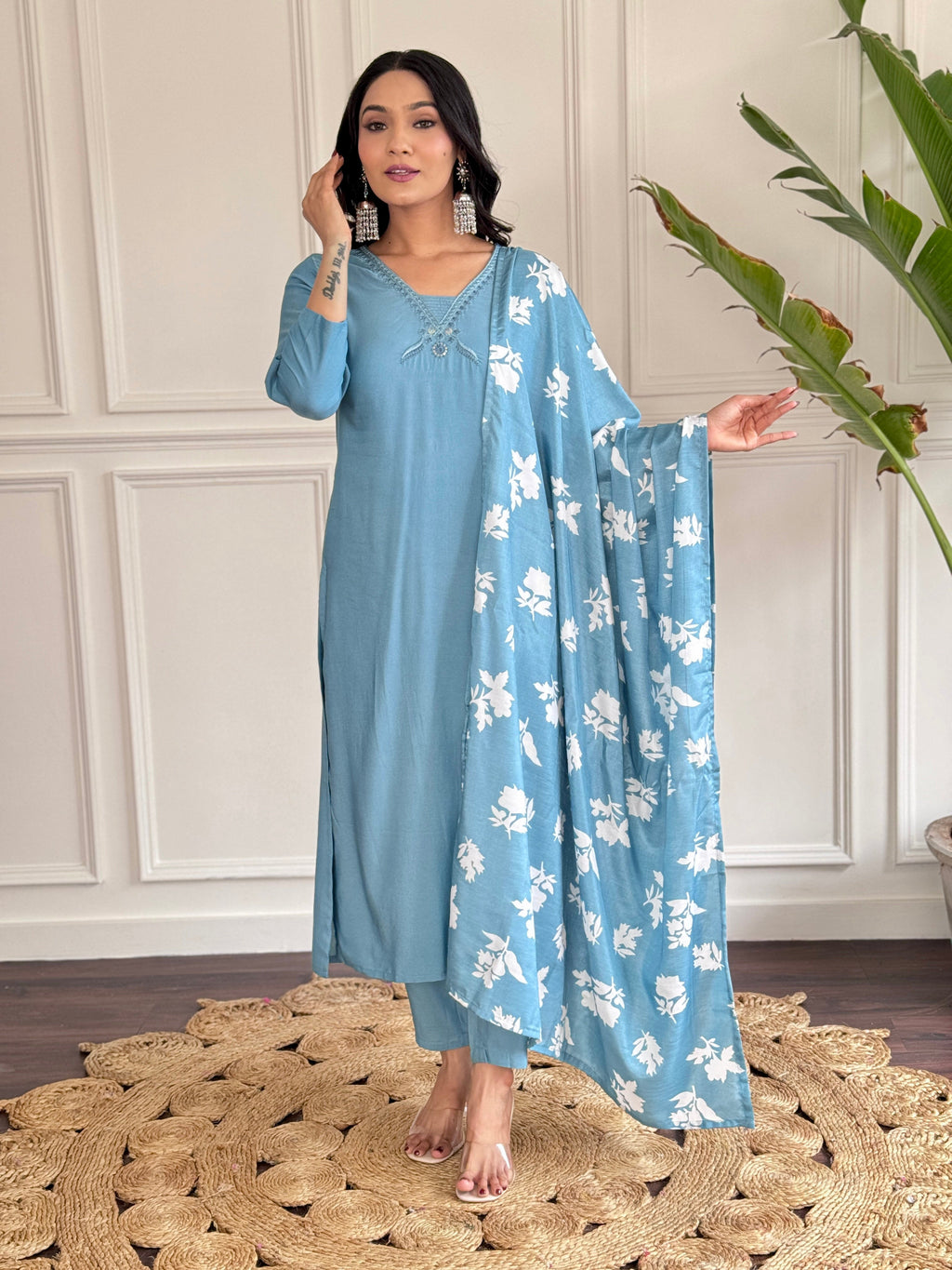 Teeya Creation Grey Colour Viscose Chander Embroidery Work Fully Stitched Kurti Set | Grocsy
