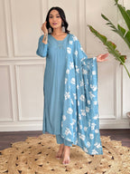 Teeya Creation Grey Colour Viscose Chander Embroidery Work Fully Stitched Kurti Set | Grocsy