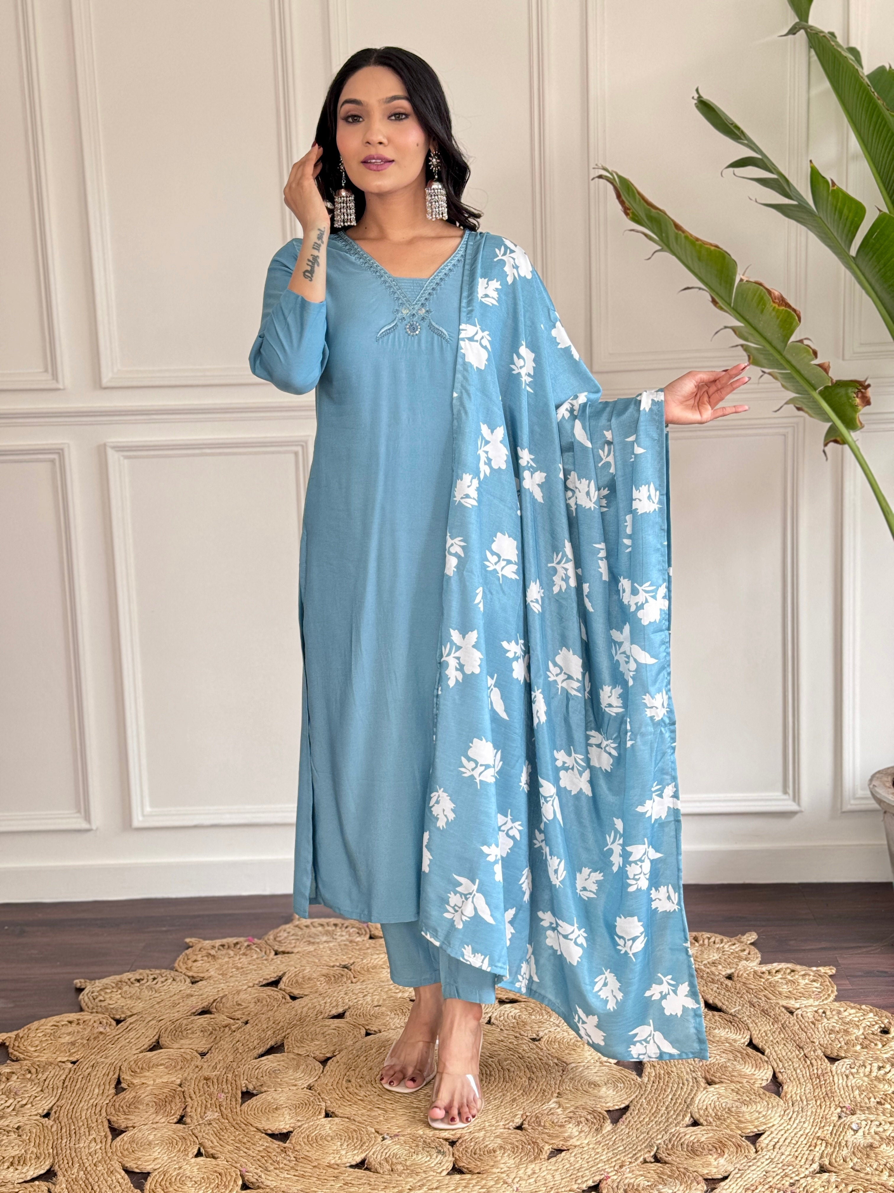 Teeya Creation Grey Colour Viscose Chander Embroidery Work Fully Stitched Kurti Set | Grocsy