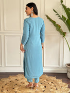 Teeya Creation Grey Colour Viscose Chander Embroidery Work Fully Stitched Kurti Set | Grocsy
