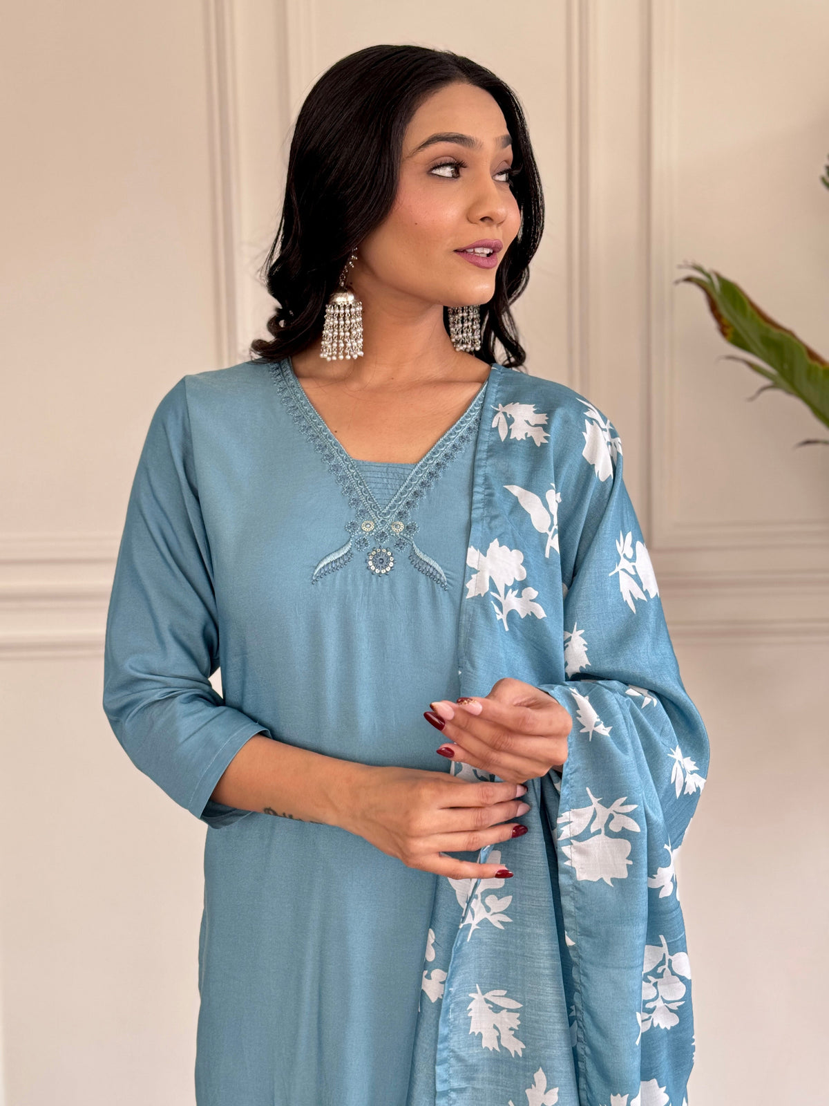 Teeya Creation Grey Colour Viscose Chander Embroidery Work Fully Stitched Kurti Set | Grocsy