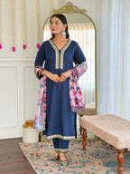 Teeya Creation Blue Colour Viscose Slub Embroidery Work Fully Stitched Kurti Set | Grocsy