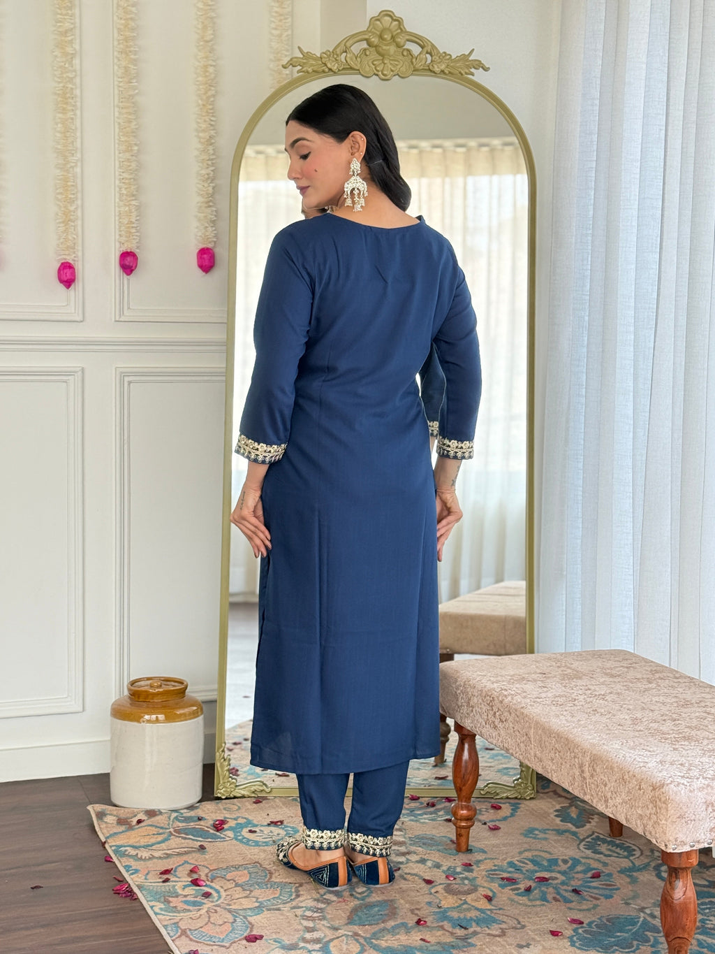 Teeya Creation Blue Colour Viscose Slub Embroidery Work Fully Stitched Kurti Set | Grocsy