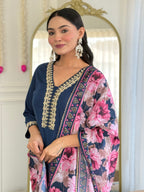 Teeya Creation Blue Colour Viscose Slub Embroidery Work Fully Stitched Kurti Set | Grocsy