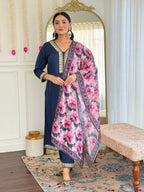 Teeya Creation Blue Colour Viscose Slub Embroidery Work Fully Stitched Kurti Set | Grocsy